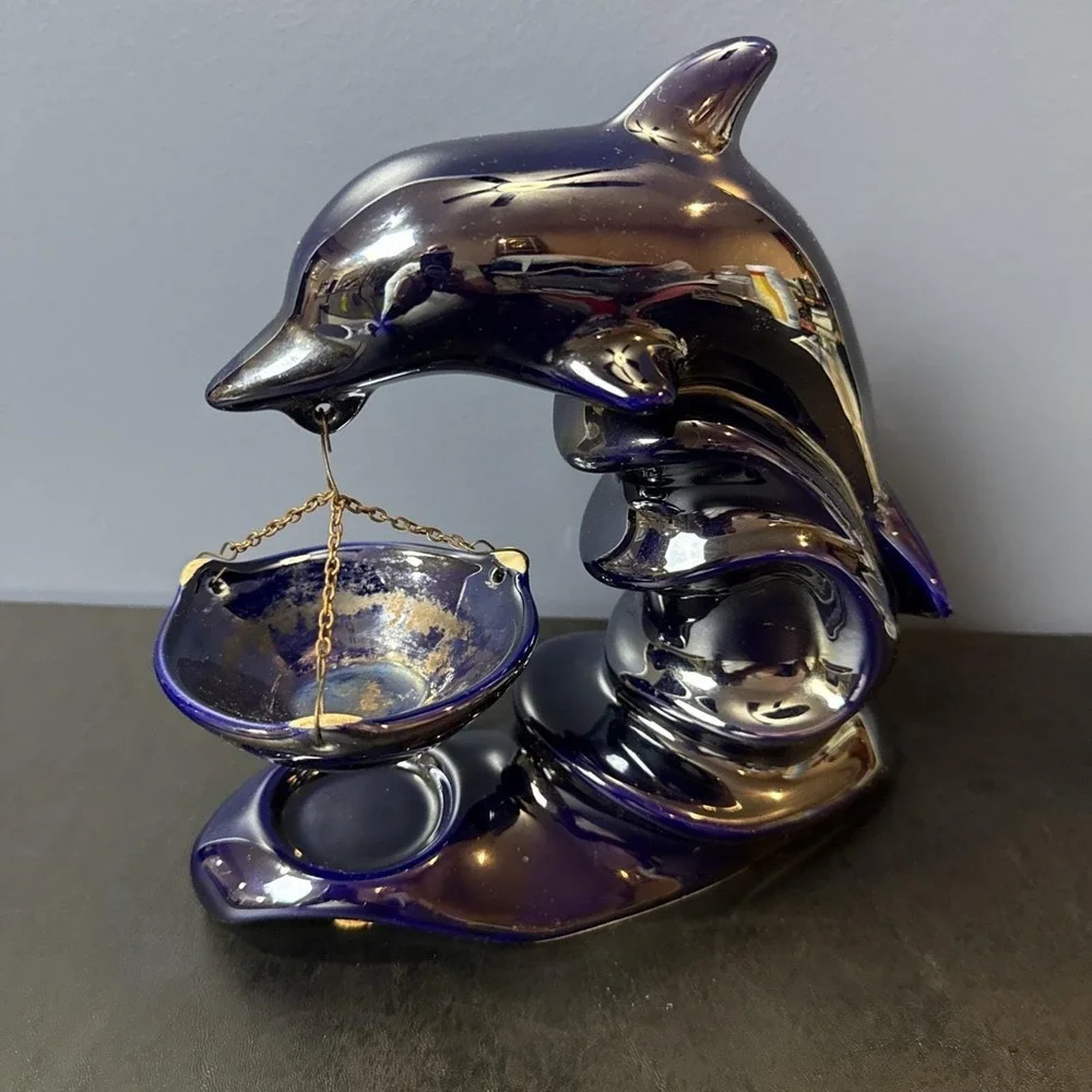Dolphin Tea Light Candle Holder Wax Melt Made in Poland Iridescent Dark‎ Blue